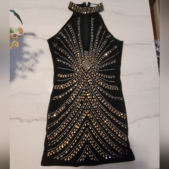 Paradiso Black and Gold Rhinestone Gem Embellished Mini Halter Dress Size Large - Picture 6 of 15